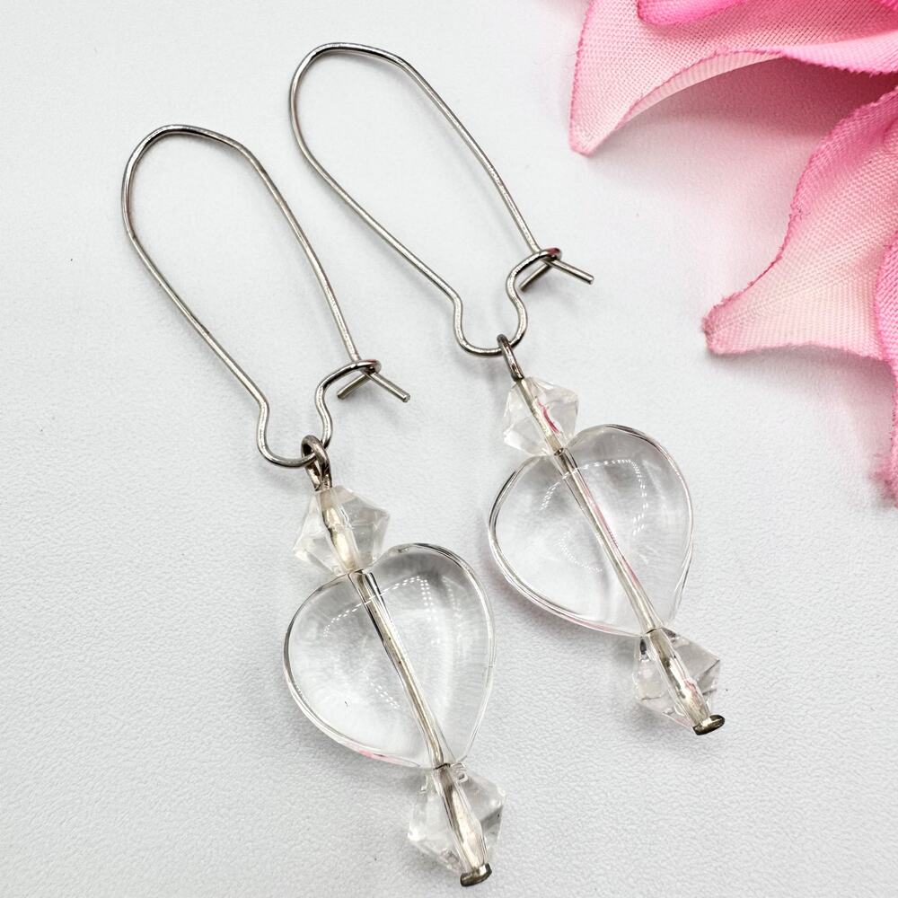 Puffy Heart Clear Rock Quartz Crystal Dangle Earrings Gemstone Tested Rockhound